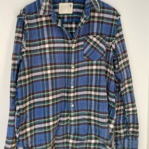 R13 large plaid flannel button down frayed seams